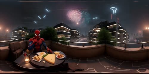 Spiderman drinking wine and eating bread and cheese on a Paris rooftop at night fireworks in the sky