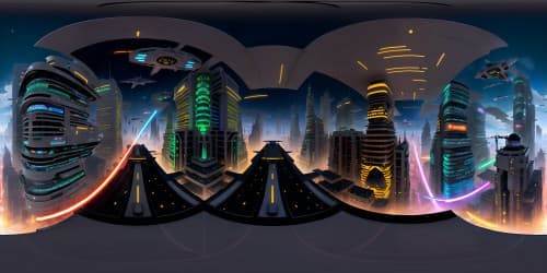 VR360 Star Wars-inspired metropolis, colossal skyscrapers, floating traffic, neon city lights. Ultra high-resolution, meticulously detailed, masterpiece quality. VR360, sci-fi blend, spectacular urban panorama.