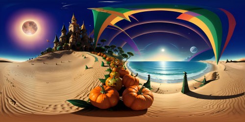 Masterpiece quality, VR360 view of Halloween-themed seaside, Ultra high-resolution, surreal pumpkin sculptures on sand dunes, spectral moonlight highlighting eerie water waves, ghostly ship silhouettes dotting horizon, Pixar-style.