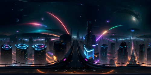 Ultra high res VR360, shimmering dystopian metropolis, neon-illuminated structures, hovering holo-billboards, chrome-plated buildings touching the heavens. VR360 space vista, starry interstellar backdrop, distant nebulae, racing comets. Style: Distinct cyberpunk aesthetic, vivid coloration, futuristic elements.