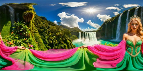 A flawless, ultra-high-resolution portrayal of a blonde princess with enchanting green eyes, donning a flowing pink gown amid a lush tropical paradise, featuring cascading waterfalls, vibrant exotic flowers, crystal-clear turquoise waters, golden sunlight filtering through emerald canopies, a serene atmosphere of idyllic beauty and exquisite detail.