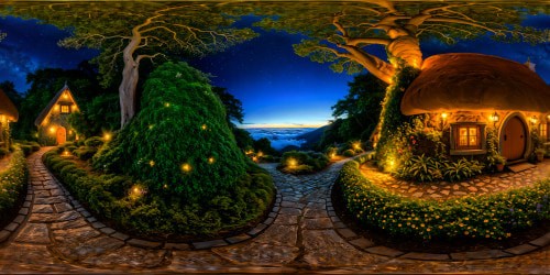 Envision an enchanting fairy cottage garden illuminated by the soft glow of moonlight, intricate details of delicate flowers in full bloom, glimmering dew-kissed leaves, meandering cobblestone pathways, and whimsical fireflies dancing in the night, all captured in flawless ultra-high resolution, a true visual masterpiece.