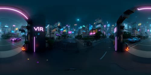 Masterpiece-quality VR360 Cyberpunk city, ultra-high-resolution, intricately designed buildings, pulsating neon lights, futuristic skyscrapers touching the sky. Blend of anime and digital painting style, 3D render.