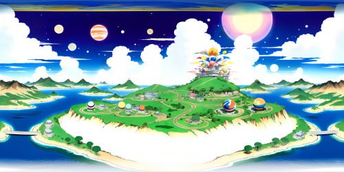 Ultra-high resolution VR360 scene, Goku's world in anime style. Soaring mountains, expansive skies with dynamic clouds. Elevated plateau, training area with weighted dumbbells. Dragon Ball radar, floating orbs of Dragon Balls in ether. Premium quality masterpiece, VR360 world infused with anime allure.