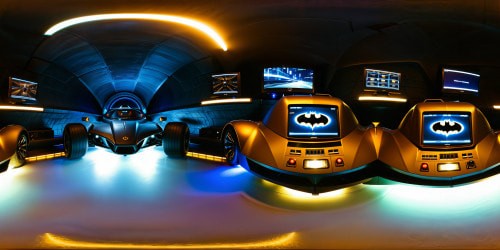 A flawless, ultra high-resolution rendering of the Batcave, showcasing Batman's iconic Batmobile gleaming under blue-tinged lighting, surrounded by state-of-the-art computers and high-tech gadgetry in the dark, atmospheric underground lair.