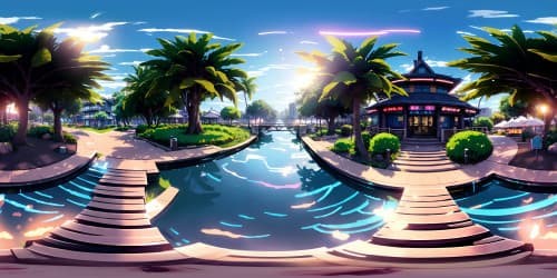 Miami skyline in twilight, VR360 masterpiece, ultra-high resolution digital painting. Palm tree silhouettes, neon light soft glow, distinct vivid colors. Photorealistic textures, VR360 panoramic view, contrast impactful, high-res masterpiece.