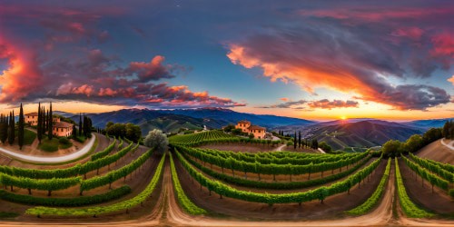 An ultra-high-resolution VR360 masterpiece capturing the flawless Italian countryside at dusk, where lush vineyards and rolling hills meet pastel-colored villages in valleys, all under towering cypress trees. The fiery sunset sky paints streaks of oranges, purples, and pinks, creating a soft realism style with impeccable attention to detail in every exquisite texture.