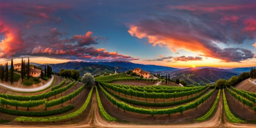 An ultra-high-resolution VR360 masterpiece capturing the flawless Italian countryside at dusk, where lush vineyards and rolling hills meet pastel-colored villages in valleys, all under towering cypress trees. The fiery sunset sky paints streaks of oranges, purples, and pinks, creating a soft realism style with impeccable attention to detail in every exquisite texture.