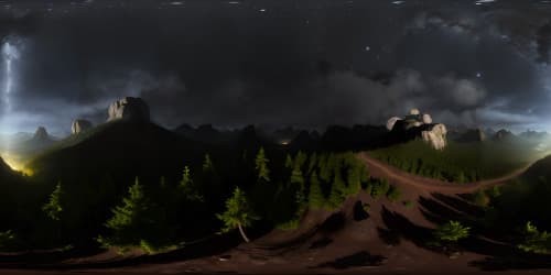 dark scary mountains at night with rain and shadows. Dark haunted forests in deep shadow. dark nigtmare mountain.