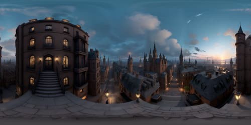 VR360, ultra HD, Dishonored inspired cityscape, twisted rooftops, grim brickwork, ornate detailing, sweeping fog, captivating twilight hues in VR360. Masterpiece quality, pronounced textures, exquisite detail fidelity.