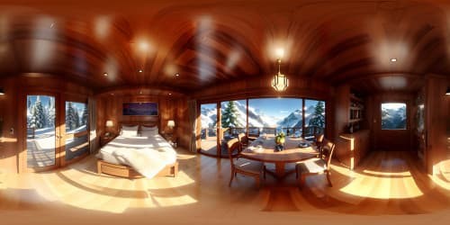 VR360: Luxury cabin interior, polished mahogany, gleaming golden oak, beams of sun filtering through Swiss mountain panorama, crisp alpine snowscape seen through expansive floor-to-ceiling windows. Ultra-high-resolution, quality of masterpiece, Pixar-style authenticity in textures, gradations in wood grain, light play. Grand VR360 view, minutest detail rendered exquisitely.