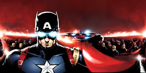 Comic art, captain America v.s. Homelander, laser eyes, red cape,