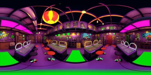 Ultra high-res VR360 Joker's lair, abandoned novelty factory, VR360 Gotham skyline backdrop, henchman silhouettes, Ace Chemicals silhouette, VR360 Batman universe, Harley Quinn accents. Scattered Joker cards, hyena motifs, vibrant clown-themed colors. old factory, jokes amusement neon lights, gags, giant room, old equipment, 'why so serious' graffiti, comic book style, purple, green, orange.