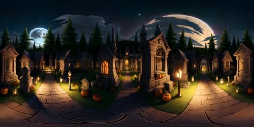 halloween graveyard, autumn leaves, pumpkins, scarecrow at night with stars and jacko'lanterns skyview