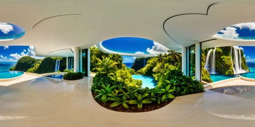 A flawlessly designed futuristic living space within a modern mansion, all-white marble surfaces with lush green plants, an open ceiling revealing the vast sky, expansive windows framing cascading waterfalls in a serene water garden under a vibrant aqua blue sky above a tropical beach, epitomizing a perfect quality masterpiece in ultra-high resolution.