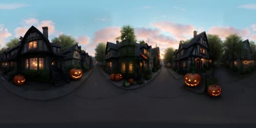 VR360, Sleepy Hollow main street, Halloween, immersive ultra-high resolution, ghostly aura, cobwebbed homes, carved pumpkins glowing, eerie windmill silhouette, fantasy style, masterpiece vibes