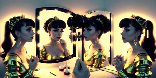  trio of mature princesses_looking at mirror_at makeup table_wearing white fur coats_wearing black garments_wearing gold hoop earrings_wearing shimmering red lip gloss_one has blue eyes_two of them have brown hair_they are squatting_close up of armpit_wearing tiara