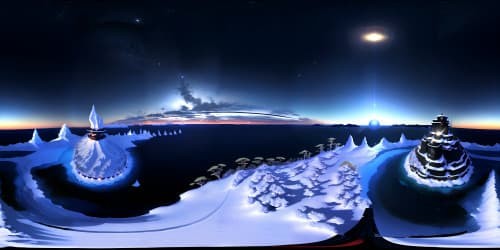 Masterpiece VR360, ultra-high-res, lost at sea perspective. Expansive blue ocean, VR360 clear night sky. Numerous stars, reflecting in the calm water.