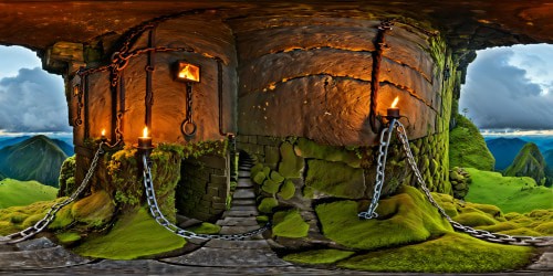 Exploring an ancient dungeon of sublime detail and texture, flickering torches casting dancing shadows on moss-covered stone walls, intricate chains and rusted shackles glinting in the dim, eerie ambiance, creating a flawless, stunning environment for epic adventures in ultra-high resolution.