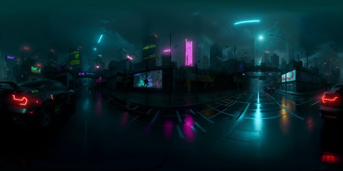 Neon lit cyberpunk cityscape, VR360 radiating LED trails, towering skyscrapers in the night sky. Reflections on wet asphalt, vibrant holographic billboards. Pixel-art style, maximized detail, hyperrealistic textures. Immersive VR360 cyberpunk panorama resonating a digital painting touch.