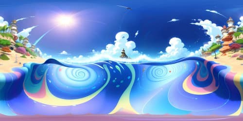 VR360 high-definition panorama, translucent aqua waves, foamy surf, unspoiled coral reefs visible from ocean surface. Masterpiece in Pixar-style, bright colors, smooth textures, fluid motion.