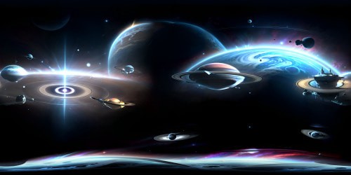 Masterpiece format, ultra-high resolution, VR360 view of Saturn's vast ring system. Array of futuristic spaceships, geometric shapes, radiant metallic hues. Pixar-style rendering, softer lines, airbrushed textures. Rings illuminated, shimmering particles. VR360 immersive view, star-studded backdrop.