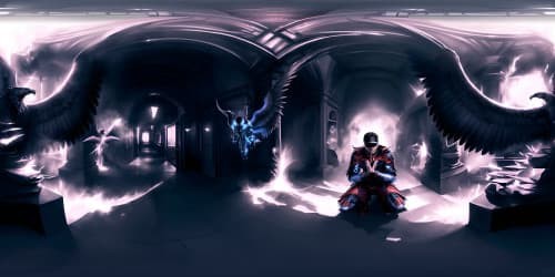 A MAN with black wings kneel dwon in a hospital dark hall way