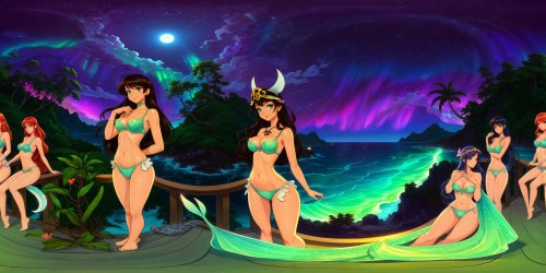 Sparkling aurora borealis painting the nighttime sky over a flawless moonlit ocean, where sensual mermaids in lingerie and pirate-themed attire roam the jungle shores, a mature and intricate masterpiece in ultra-high resolution detail.