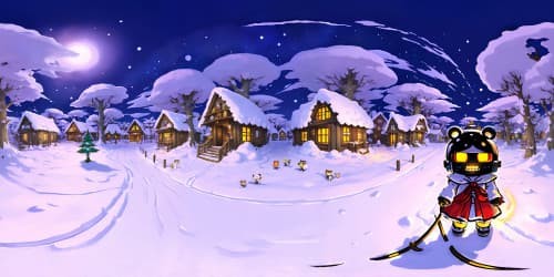 Ultra-high-res VR360, masterpiece quality. Immersed within Undertale universe, surrounded by iconic characters. Situated in Snowdin town, signature Undertale locale. Deep winter atmosphere, fantasy art style interpretation.