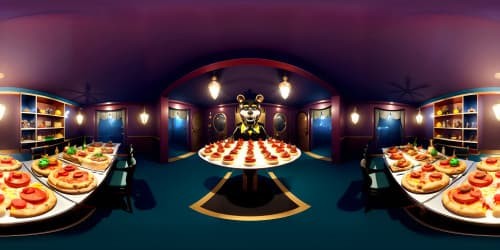 Ultra high-res VR360, Five Nights at Freddy's universe, eerily exquisite pizzeria, spectacular animatronics, twisted fantasy aesthetic. Masterpiece quality, hauntingly captivating, best precision detailing, VR360 warped reality.