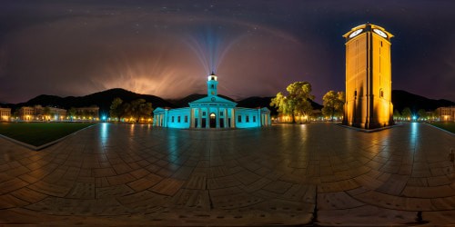 A flawlessly recreated, ultra-high-resolution 1955 Hill Valley square under a starlit sky, capturing the electrifying moment of the iconic clock tower strike in a cinematic midnight ambience.