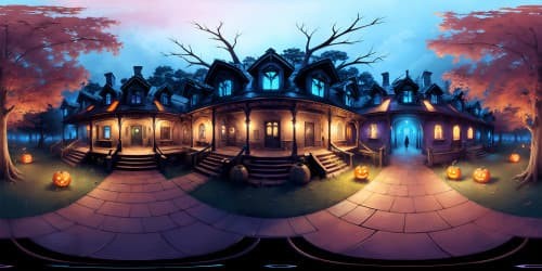 Masterpiece VR360, ultra HD, Halloween-themed, abandoned haunted mansion consumed by deep, shadowy, braided woods. Dystopian art style, desolate, eerie atmosphere, enveloping VR360 immersion.