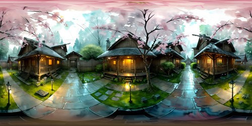 Japanese village, misty dawn, traditional thatched-roof houses, cherry blossom trees, snow dusted mountains backdrop. Lantern-lit stone paths, tranquil koi pond, arched wooden bridge. Sketchy anime strokes, VR360, crisp ultra-high resolution, visual masterpiece, subtle watercolor hues, VR360.