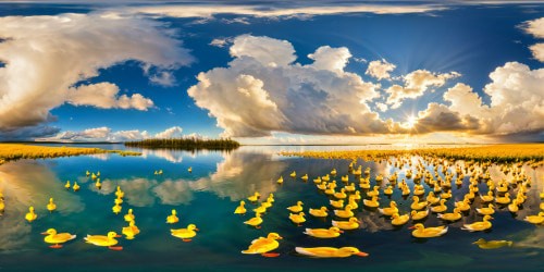 Sunlit pond teeming with a myriad of small, vibrant yellow ducks gracefully gliding through crystal-clear waters, reflecting the azure sky and fluffy white clouds in ultra high resolution, epitomizing perfection and artistry.