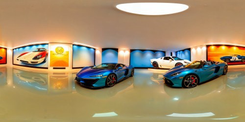 Sleek and polished sports car showcased in a state-of-the-art futuristic showroom, gleaming under perfect studio lighting, flawless paint job, reflecting dazzling LED lights and glass walls, embodying the pinnacle of automotive design and craftsmanship.