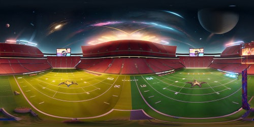 Masterpiece, ultra-high res, VR360 scene; Drew Brees in spotlight, poised for a long throw, Saints' emblem prominent. Impeccable football pitch under starlit sky, dramatic sports arena panorama. Intense light trails tracing the path of a touchdown pass in VR360 view. No human figures, just the essence of the game. Pixar-style animation, bold colors, dynamic