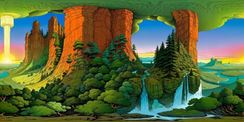 An ultra-high-resolution fantasy landscape unfolds with flawless detailing: emerald forest canopies shroud towering trees, cascading crystal waterfalls, gleaming, ethereal cities dotting the distance, majestic floating islands under a twilight-hued sky, all bathed in radiant light effects and painterly strokes for the ultimate VR360 masterpiece.