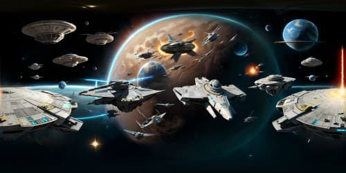 Star Wars galaxy, battle cruisers, Death Star shadow, Millennium Falcon, lightsabers clashing, VR360 celestial saga. Ultra high-res, matte painting, iconic spacecraft details, VR360 masterpiece, stark contrasts, George Lucas inspired.