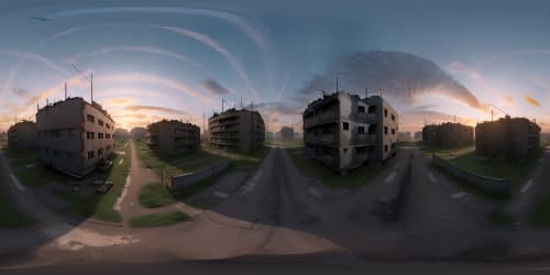 VR360, roof top view at night of ultra high-res masterpiece, decaying cityscape, post-apocalyptic devastation, abandoned vehicles, eerie emptiness, sans human presence. VR360, surreal art, weathered textures, somber palette. sky view skyline