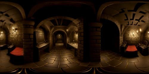 Medieval dungeon VR360, grim undertones, scattered skeleton remains. Glistening torch flames, inky shadows, ultra-high-resolution. Masterpiece-quality, rich detail. Dark stone walls, rusted iron chains, wisps of cobwebs. Enhanced chiaroscuro effect, surreal art style.