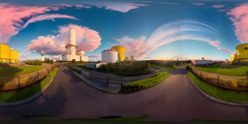 Vibrant VR360 Springfield skyline, Simpson-style, ludicrous definition. Iconic nuclear plant, Lard Lad Donuts giant, Flanders' house. Bubblegum-pink clouds, surreal sunset hues, VR360 panoramic canvas. Twinkling neon signs, primary color palette explosion.