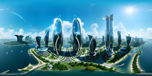 VR360 mega cityscape, ultra-high-resolution, futuristic, daytime glow, soaring solar punk skyscrapers. Lush greenery thriving, clean, utopian vision. Advanced tech elements, masterpiece quality, VR360 panorama.