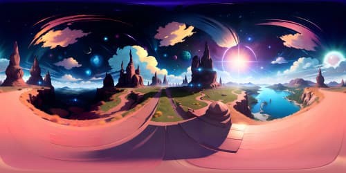 VR360 masterpiece, ultra high-res definition, multifaceted crystal clouds in VR360, palette of sunset hues, ethereal starry canvas above, high-res Van Gogh's Starry Night ambiance, shimmering cosmic dust, fantasy art style.