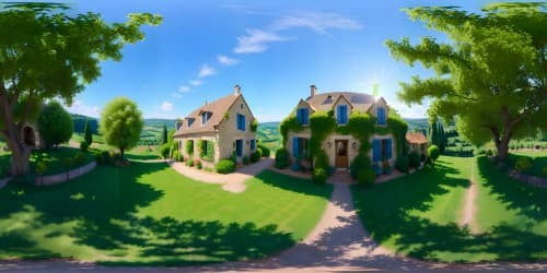 Ultra high-res masterpiece, quintessential French countryside, emerald vineyards, rustic stone cottages, winding cobblestone paths. VR360 sunlit panorama, serene azure sky. VR360 impressionistic style, vibrant pastel strokes, soft textures.