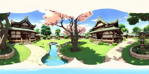 Ultra-high res VR360, masterpiece quality, serene geisha house, aged wooden architecture, lush courtyard garden, vivid koi pond. Style: Traditional Japanese art, delicate ink strokes, subtle watercolor washes.