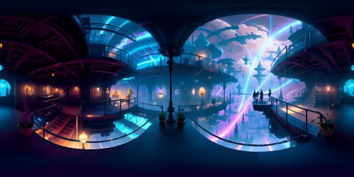 VR360 view, high-resolution cyberpunk loft, neon-lit ambiance. Set against cityscape, water bodies reflecting neon lights. Digital painting style, vibrant colors, futuristic geometric patterns. Detailed architecture, loft railings, VR360 city street panorama.