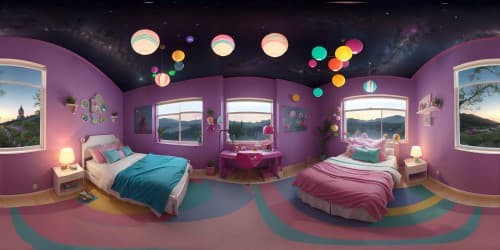 Ultra high-resolution VR360, pastel palette bedroom. Overwhelmingly whimsical, dreamy wall art, minimalistic furniture. Ethereal floating lanterns, twinkling fairy lights. Intertwined, anime-inspired masterpiece aesthetics. Enhanced textures, dazzling visual delight.