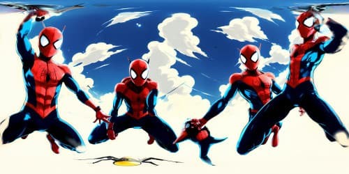 2 diffrent spidermen. one spiderman in classical red and blue suit, the other spiderman in a black suit