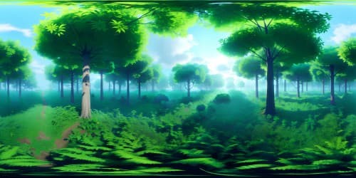 hyper-realistic VR360 masterpiece, ultra-high resolution. VR360 panorama of mist-engulfed, rain-soaked forest, towering trees. Verdant foliage with raindrop luster, light fragments piercing dense canopy. Spectrum of green, vivid to deep emerald. 