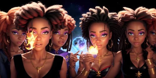 three african american female sorceresses.evil and sey. one woman has dreadlocks. one has red hair and wings. evil and sexy. one female has a starr with fire.